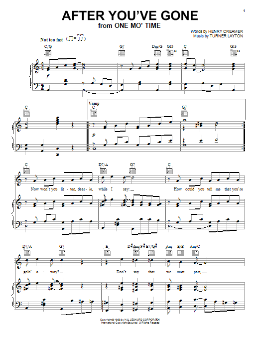 Learn to play Sophie Tucker After You've Gone sheet music for Piano, Vocal & Guitar (Right-Hand Melody) in minutes. Sophie Tucker After You've Gone sheet music notes and chords. Download Printable PDF.