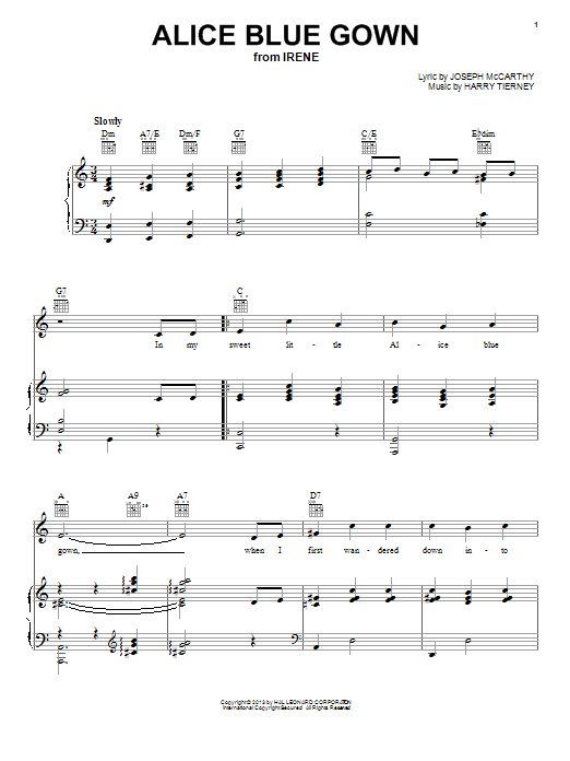 Learn to play Edith Day Alice Blue Gown sheet music for Piano, Vocal & Guitar (Right-Hand Melody) in minutes. Edith Day Alice Blue Gown sheet music notes and chords. Download Printable PDF.