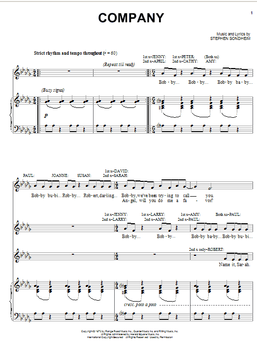 Learn to play Stephen Sondheim Company sheet music for Piano, Vocal & Guitar (Right-Hand Melody) in minutes. Stephen Sondheim Company sheet music notes and chords. Download Printable PDF.