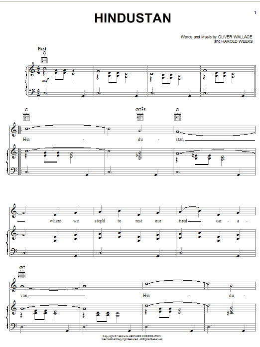 Learn to play Harold Weeks Hindustan sheet music for Piano, Vocal & Guitar (Right-Hand Melody) in minutes. Harold Weeks Hindustan sheet music notes and chords. Download Printable PDF.
