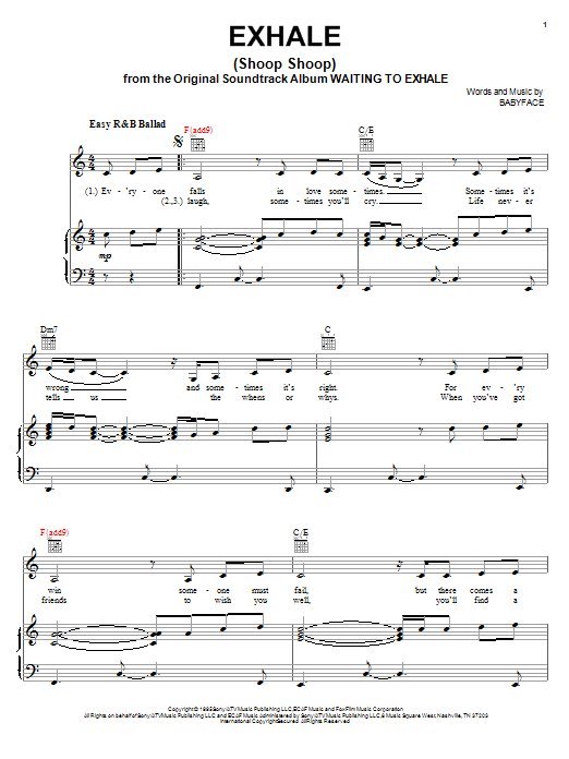 Learn to play Whitney Houston Exhale (Shoop Shoop) sheet music for Piano, Vocal & Guitar (Right-Hand Melody) in minutes. Whitney Houston Exhale (Shoop Shoop) sheet music notes and chords. Download Printable PDF.