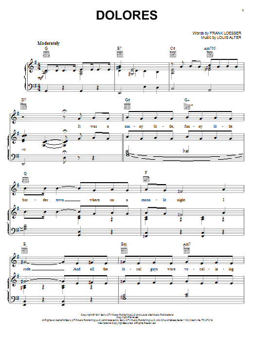 Learn to play Frank Loesser Dolores sheet music for Piano, Vocal & Guitar (Right-Hand Melody) in minutes. Frank Loesser Dolores sheet music notes and chords. Download Printable PDF.