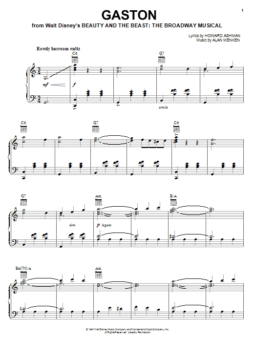 Learn to play Alan Menken Gaston sheet music for Piano, Vocal & Guitar (Right-Hand Melody) in minutes. Alan Menken Gaston sheet music notes and chords. Download Printable PDF.