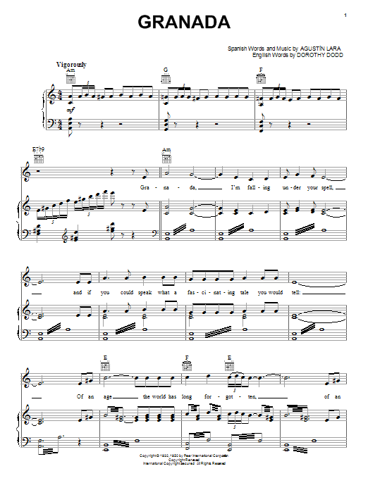 Learn to play Agustin Lara Granada sheet music for Piano, Vocal & Guitar (Right-Hand Melody) in minutes. Agustin Lara Granada sheet music notes and chords. Download Printable PDF.