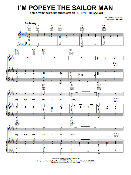 Learn to play Sammy Lerner I'm Popeye The Sailor Man sheet music for Piano, Vocal & Guitar (Right-Hand Melody) in minutes. Sammy Lerner I'm Popeye The Sailor Man sheet music notes and chords. Download Printable PDF.