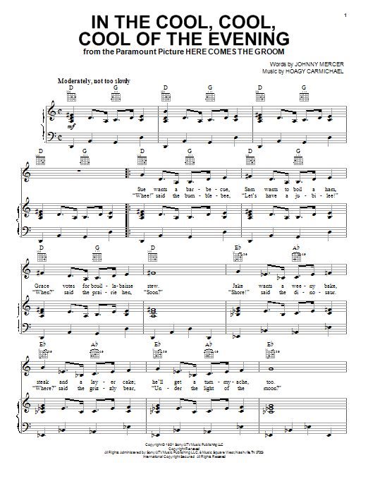 Learn to play Hoagy Carmichael In The Cool, Cool, Cool Of The Evening (from Here Comes The Groom) sheet music for Piano, Vocal & Guitar (Right-Hand Melody) in minutes. Hoagy Carmichael In The Cool, Cool, Cool Of The Evening (from Here Comes The Groom) sheet music notes and chords. Download Printable PDF.