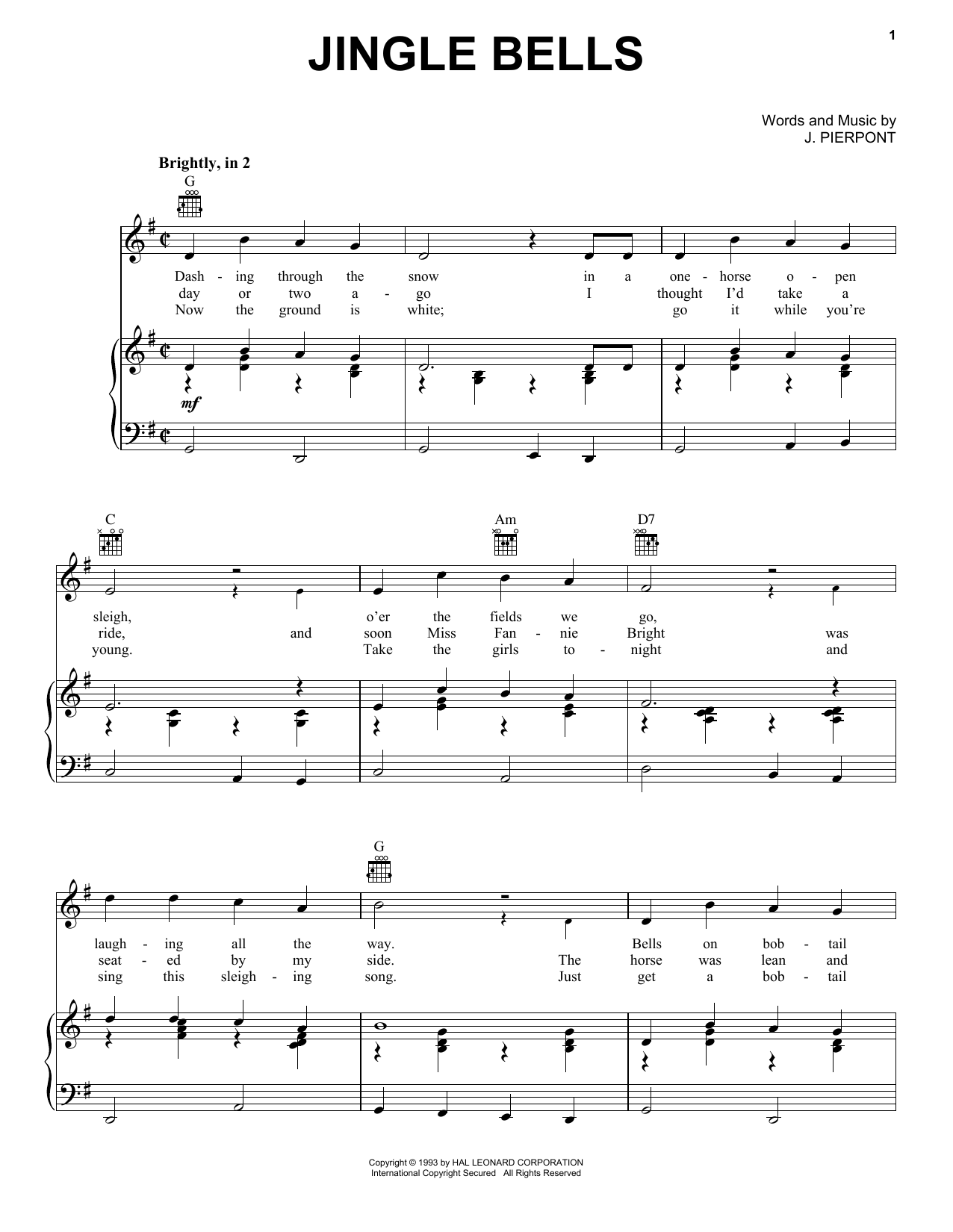 Learn to play J. Pierpont Jingle Bells sheet music for Piano, Vocal & Guitar (Right-Hand Melody) in minutes. J. Pierpont Jingle Bells sheet music notes and chords. Download Printable PDF.
