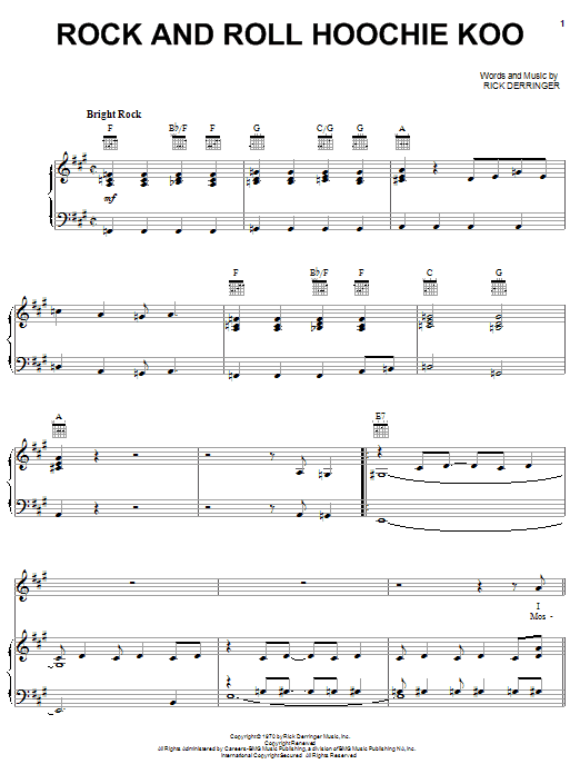 Learn to play Rick Derringer Rock And Roll Hoochie Koo sheet music for Piano, Vocal & Guitar (Right-Hand Melody) in minutes. Rick Derringer Rock And Roll Hoochie Koo sheet music notes and chords. Download Printable PDF.