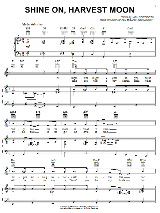 Learn to play Jack Norworth Shine On, Harvest Moon sheet music for Piano, Vocal & Guitar (Right-Hand Melody) in minutes. Jack Norworth Shine On, Harvest Moon sheet music notes and chords. Download Printable PDF.
