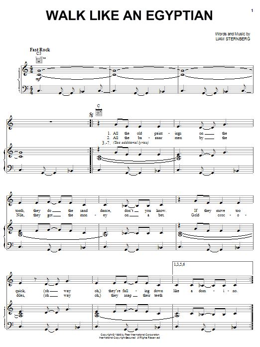 Learn to play The Bangles Walk Like An Egyptian sheet music for Piano, Vocal & Guitar (Right-Hand Melody) in minutes. The Bangles Walk Like An Egyptian sheet music notes and chords. Download Printable PDF.