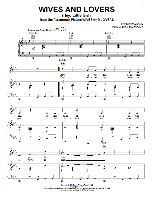 Learn to play Bacharach & David Wives And Lovers (Hey, Little Girl) sheet music for Piano, Vocal & Guitar (Right-Hand Melody) in minutes. Bacharach & David Wives And Lovers (Hey, Little Girl) sheet music notes and chords. Download Printable PDF.