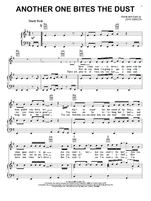 Learn to play Queen Another One Bites The Dust sheet music for Piano, Vocal & Guitar (Right-Hand Melody) in minutes. Queen Another One Bites The Dust sheet music notes and chords. Download Printable PDF.