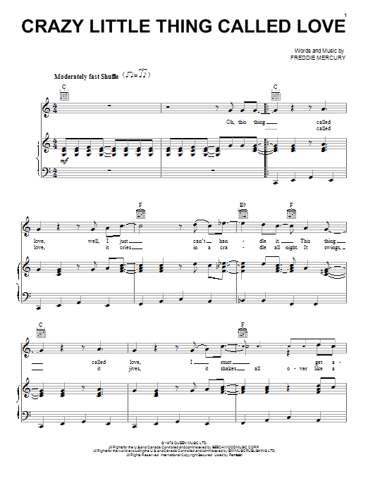 Learn to play Queen Crazy Little Thing Called Love sheet music for Piano, Vocal & Guitar (Right-Hand Melody) in minutes. Queen Crazy Little Thing Called Love sheet music notes and chords. Download Printable PDF.