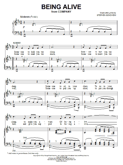 Learn to play Stephen Sondheim Being Alive sheet music for Piano, Vocal & Guitar (Right-Hand Melody) in minutes. Stephen Sondheim Being Alive sheet music notes and chords. Download Printable PDF.