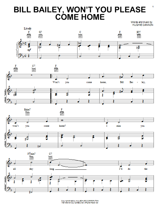 Learn to play Bobby Darin Bill Bailey, Won't You Please Come Home sheet music for Piano, Vocal & Guitar (Right-Hand Melody) in minutes. Bobby Darin Bill Bailey, Won't You Please Come Home sheet music notes and chords. Download Printable PDF.