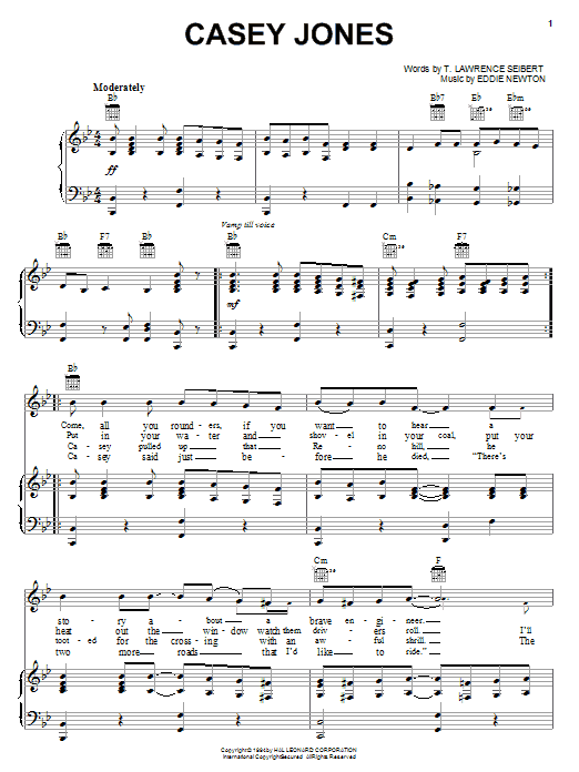 Learn to play Eddie Newton Casey Jones sheet music for Piano, Vocal & Guitar (Right-Hand Melody) in minutes. Eddie Newton Casey Jones sheet music notes and chords. Download Printable PDF.