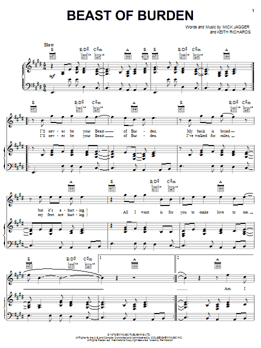 Learn to play The Rolling Stones Beast Of Burden sheet music for Piano, Vocal & Guitar (Right-Hand Melody) in minutes. The Rolling Stones Beast Of Burden sheet music notes and chords. Download Printable PDF.