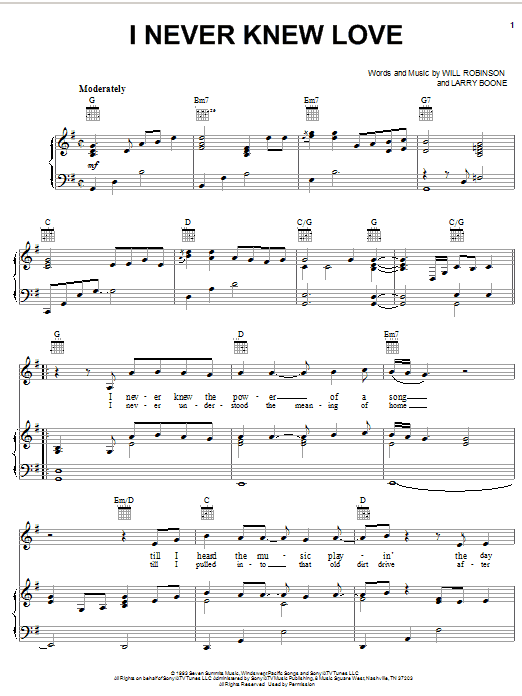 Learn to play Doug Stone I Never Knew Love sheet music for Piano, Vocal & Guitar (Right-Hand Melody) in minutes. Doug Stone I Never Knew Love sheet music notes and chords. Download Printable PDF.
