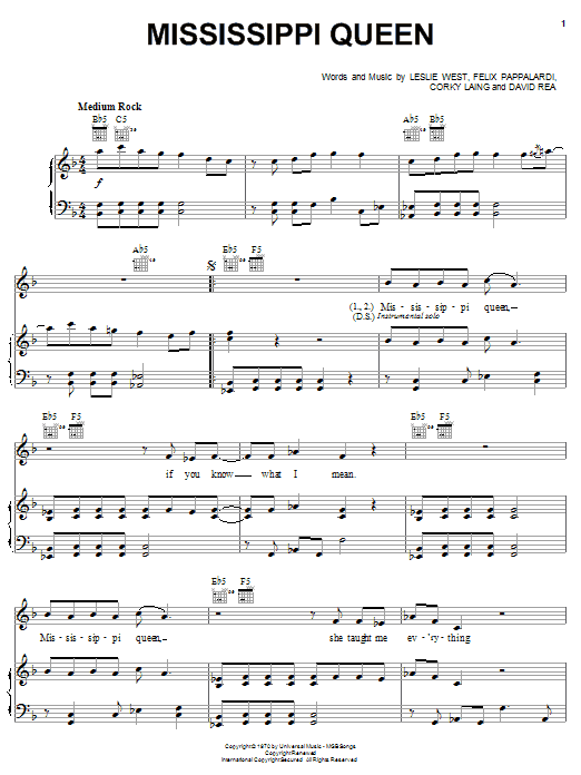 Learn to play Mountain Mississippi Queen sheet music for Piano, Vocal & Guitar (Right-Hand Melody) in minutes. Mountain Mississippi Queen sheet music notes and chords. Download Printable PDF.