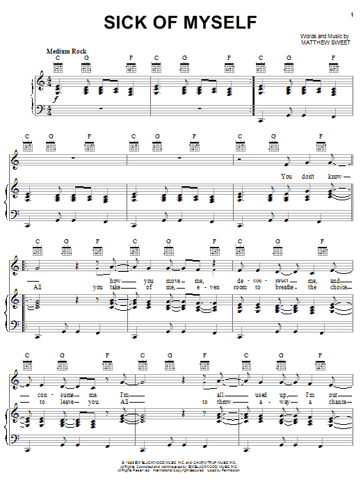 Learn to play Matthew Sweet Sick Of Myself sheet music for Piano, Vocal & Guitar (Right-Hand Melody) in minutes. Matthew Sweet Sick Of Myself sheet music notes and chords. Download Printable PDF.