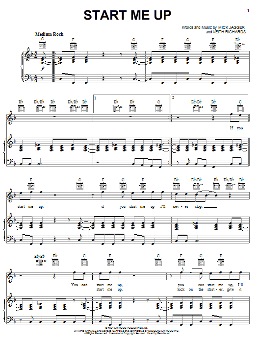 Learn to play The Rolling Stones Start Me Up sheet music for Piano, Vocal & Guitar (Right-Hand Melody) in minutes. The Rolling Stones Start Me Up sheet music notes and chords. Download Printable PDF.