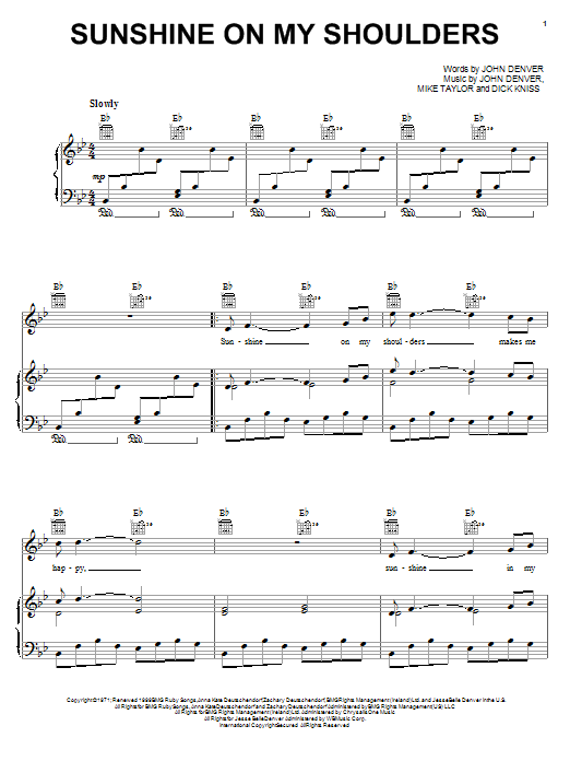 Learn to play John Denver Sunshine On My Shoulders sheet music for Piano, Vocal & Guitar (Right-Hand Melody) in minutes. John Denver Sunshine On My Shoulders sheet music notes and chords. Download Printable PDF.