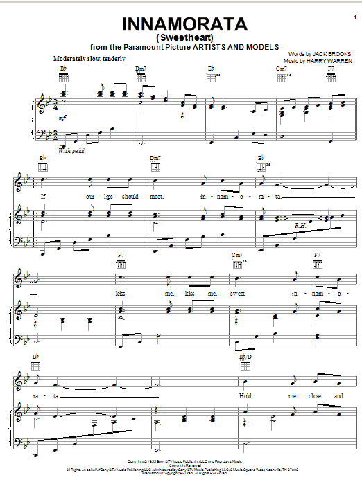Learn to play Harry Warren Innamorata (Sweetheart) sheet music for Piano, Vocal & Guitar (Right-Hand Melody) in minutes. Harry Warren Innamorata (Sweetheart) sheet music notes and chords. Download Printable PDF.