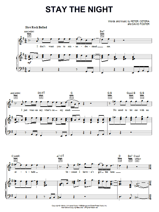 Learn to play Chicago Stay The Night sheet music for Piano, Vocal & Guitar (Right-Hand Melody) in minutes. Chicago Stay The Night sheet music notes and chords. Download Printable PDF.