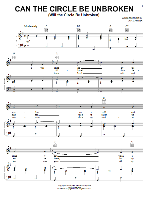 Learn to play The Carter Family Can The Circle Be Unbroken (Will The Circle Be Unbroken) sheet music for Piano, Vocal & Guitar (Right-Hand Melody) in minutes. The Carter Family Can The Circle Be Unbroken (Will The Circle Be Unbroken) sheet music notes and chords. Download Printable PDF.