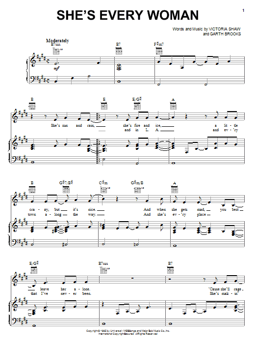 Learn to play Garth Brooks She's Every Woman sheet music for Piano, Vocal & Guitar (Right-Hand Melody) in minutes. Garth Brooks She's Every Woman sheet music notes and chords. Download Printable PDF.