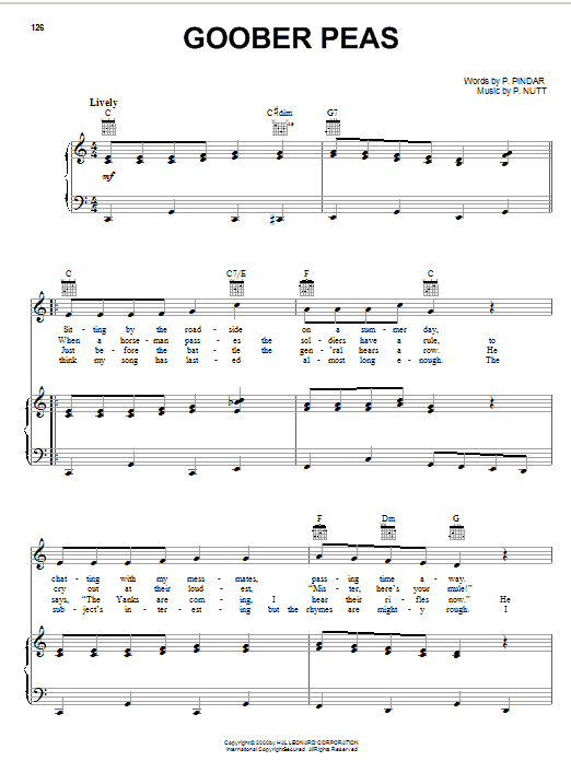 Learn to play P. Nutt Goober Peas sheet music for Piano, Vocal & Guitar (Right-Hand Melody) in minutes. P. Nutt Goober Peas sheet music notes and chords. Download Printable PDF.