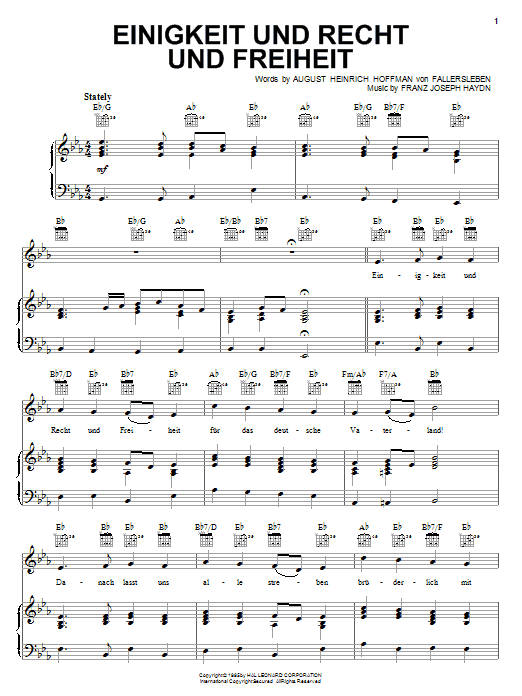 Learn to play Franz Joseph Haydn Einigkeit Und Recht Und Freiheit (German National Anthem) sheet music for Piano, Vocal & Guitar (Right-Hand Melody) in minutes. Franz Joseph Haydn Einigkeit Und Recht Und Freiheit (German National Anthem) sheet music notes and chords. Download Printable PDF.