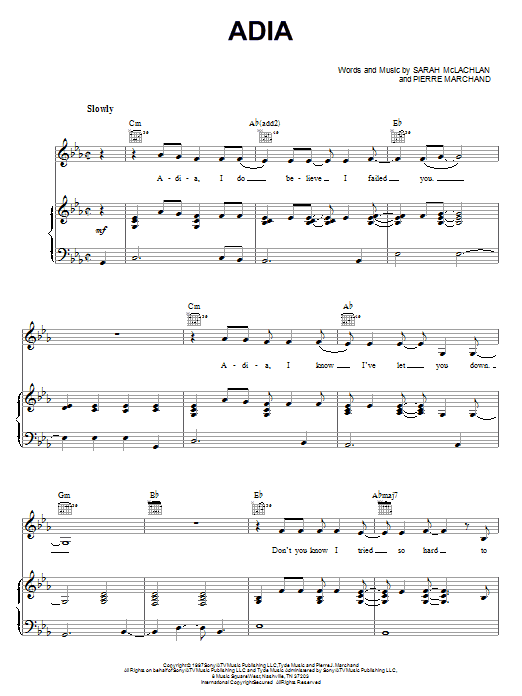 Learn to play Sarah McLachlan Adia sheet music for Piano, Vocal & Guitar (Right-Hand Melody) in minutes. Sarah McLachlan Adia sheet music notes and chords. Download Printable PDF.