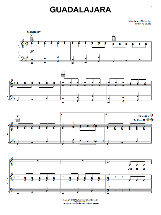 Learn to play Pepe Guizar Guadalajara sheet music for Piano, Vocal & Guitar (Right-Hand Melody) in minutes. Pepe Guizar Guadalajara sheet music notes and chords. Download Printable PDF.