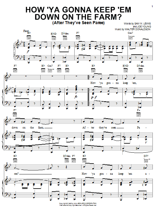 Learn to play Nora Bayes How 'Ya Gonna Keep 'em Down On The Farm? (After They've Seen Paree) sheet music for Piano, Vocal & Guitar (Right-Hand Melody) in minutes. Nora Bayes How 'Ya Gonna Keep 'em Down On The Farm? (After They've Seen Paree) sheet music notes and chords. Download Printable PDF.