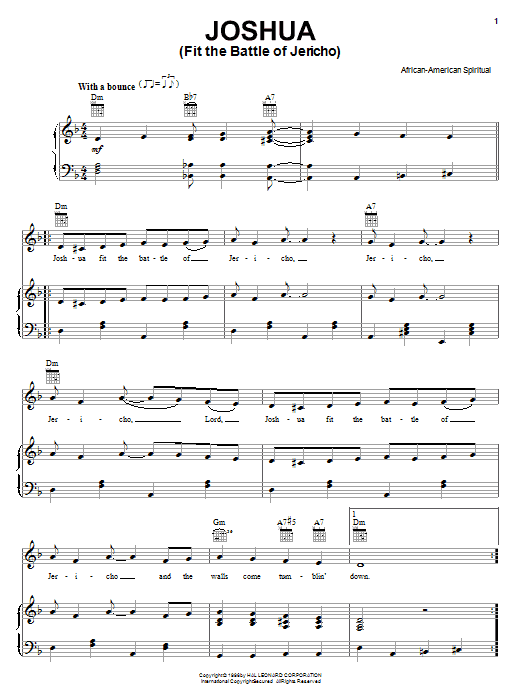 Learn to play African-American Spiritual Joshua (Fit The Battle Of Jericho) sheet music for Piano, Vocal & Guitar (Right-Hand Melody) in minutes. African-American Spiritual Joshua (Fit The Battle Of Jericho) sheet music notes and chords. Download Printable PDF.