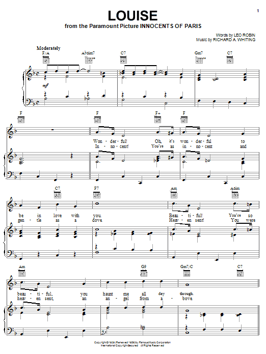 Learn to play Leo Robin Louise sheet music for Piano, Vocal & Guitar (Right-Hand Melody) in minutes. Leo Robin Louise sheet music notes and chords. Download Printable PDF.