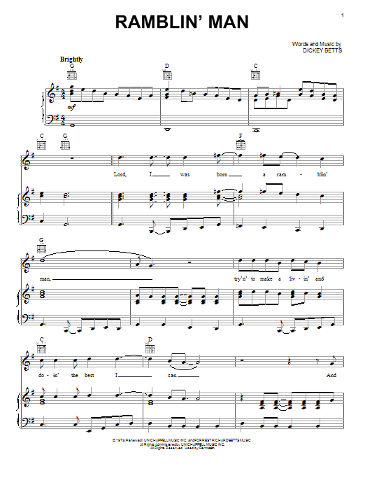 Learn to play The Allman Brothers Band Ramblin' Man sheet music for Piano, Vocal & Guitar (Right-Hand Melody) in minutes. The Allman Brothers Band Ramblin' Man sheet music notes and chords. Download Printable PDF.