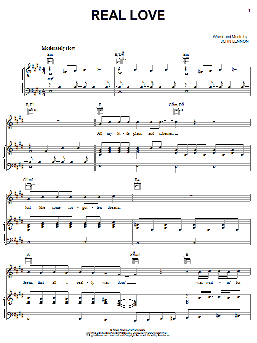 Learn to play The Beatles Real Love sheet music for Piano, Vocal & Guitar (Right-Hand Melody) in minutes. The Beatles Real Love sheet music notes and chords. Download Printable PDF.