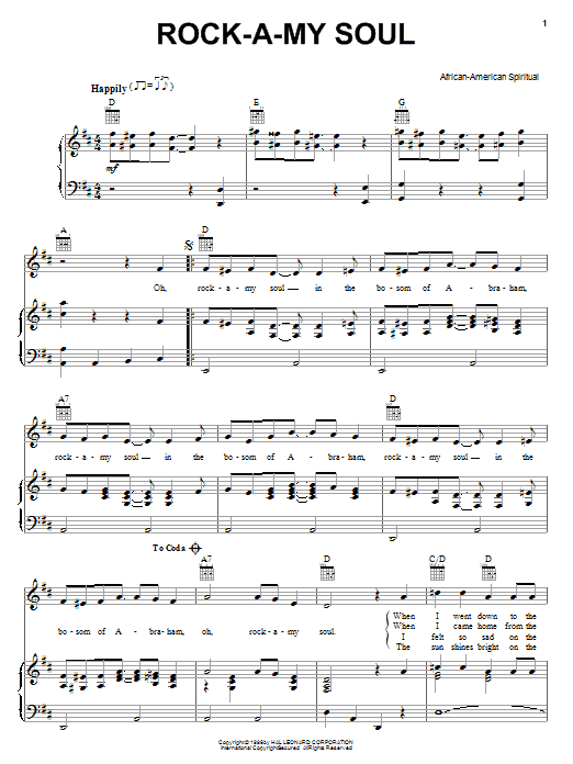 Learn to play African-American Spiritual Rock A My Soul sheet music for Piano, Vocal & Guitar (Right-Hand Melody) in minutes. African-American Spiritual Rock A My Soul sheet music notes and chords. Download Printable PDF.