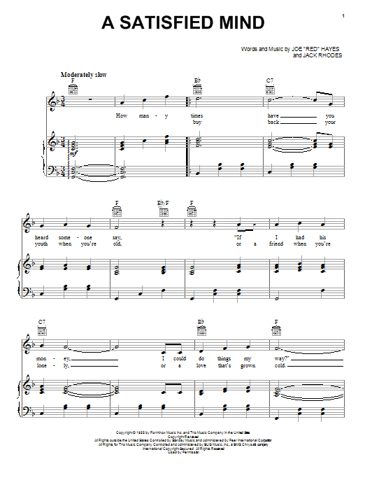 Learn to play Porter Wagoner A Satisfied Mind sheet music for Piano, Vocal & Guitar (Right-Hand Melody) in minutes. Porter Wagoner A Satisfied Mind sheet music notes and chords. Download Printable PDF.