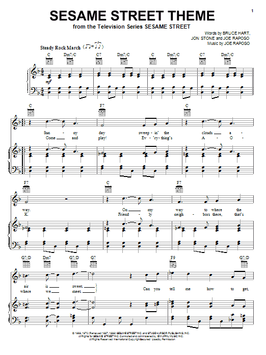 Learn to play Joe Raposo Sesame Street Theme sheet music for Piano, Vocal & Guitar (Right-Hand Melody) in minutes. Joe Raposo Sesame Street Theme sheet music notes and chords. Download Printable PDF.