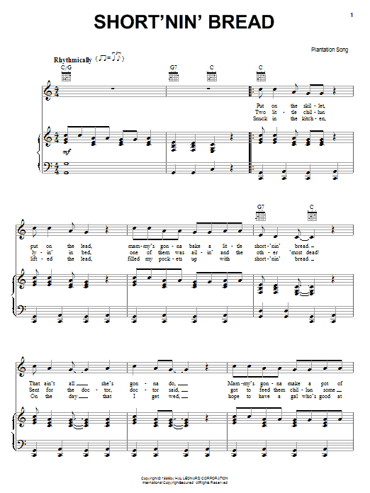 Learn to play Plantation Song Short'nin' Bread sheet music for Piano, Vocal & Guitar (Right-Hand Melody) in minutes. Plantation Song Short'nin' Bread sheet music notes and chords. Download Printable PDF.