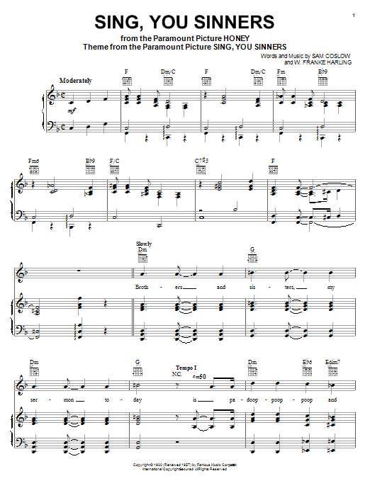 Learn to play Sam Coslow Sing, You Sinners sheet music for Piano, Vocal & Guitar (Right-Hand Melody) in minutes. Sam Coslow Sing, You Sinners sheet music notes and chords. Download Printable PDF.