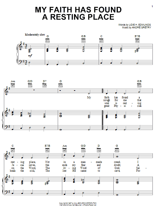 Learn to play Andre Gretry My Faith Has Found A Resting Place sheet music for Piano, Vocal & Guitar (Right-Hand Melody) in minutes. Andre Gretry My Faith Has Found A Resting Place sheet music notes and chords. Download Printable PDF.