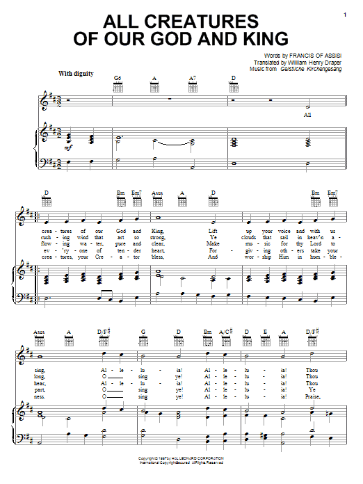 Learn to play Francis of Assisi All Creatures Of Our God And King sheet music for Piano, Vocal & Guitar (Right-Hand Melody) in minutes. Francis of Assisi All Creatures Of Our God And King sheet music notes and chords. Download Printable PDF.