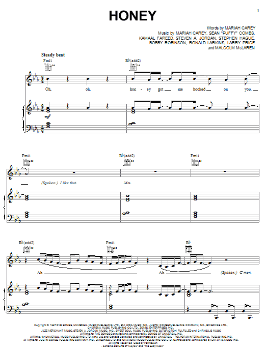 Learn to play Mariah Carey Honey sheet music for Piano, Vocal & Guitar (Right-Hand Melody) in minutes. Mariah Carey Honey sheet music notes and chords. Download Printable PDF.