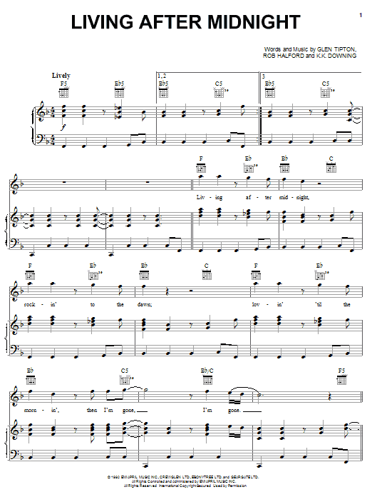 Learn to play Judas Priest Living After Midnight sheet music for Piano, Vocal & Guitar (Right-Hand Melody) in minutes. Judas Priest Living After Midnight sheet music notes and chords. Download Printable PDF.