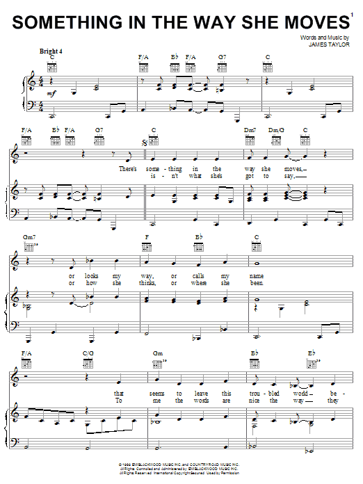 Learn to play James Taylor Something In The Way She Moves sheet music for Piano, Vocal & Guitar (Right-Hand Melody) in minutes. James Taylor Something In The Way She Moves sheet music notes and chords. Download Printable PDF.