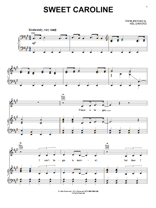 Learn to play Neil Diamond Sweet Caroline sheet music for Piano, Vocal & Guitar (Right-Hand Melody) in minutes. Neil Diamond Sweet Caroline sheet music notes and chords. Download Printable PDF.